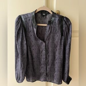 Paige brand long sleeve leopard blouse with leather collar and cuffs